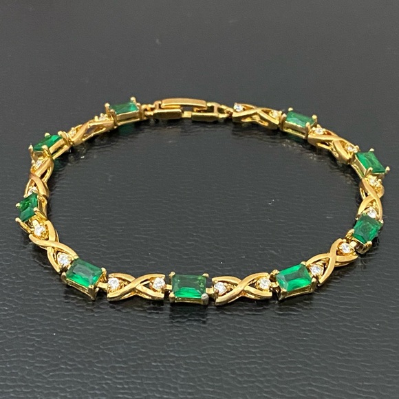 Unsigned Gold-tone Emerald Green & Clear CZ Stone 7.5” Tennis Bracelet 8.7g - Picture 4 of 16